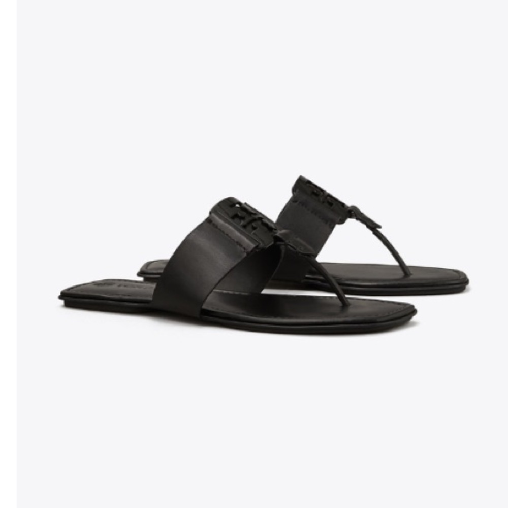 Tory Burch Women Georgia Calf Leather Flat Thong Sandal Black Size 8